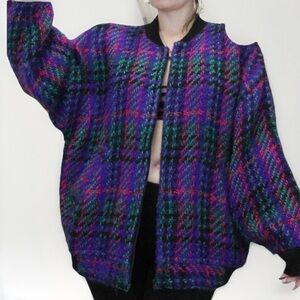Vtg Boyne Valley Weavers Zip Cardigan Irish Wool Aran S M Cozy Boho Preppy Plaid